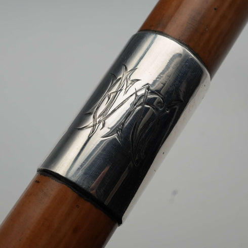 1914年 英国アンティーク タンシャフト 純銀装飾 大曲りハンドル ステッキ 杖 93cm