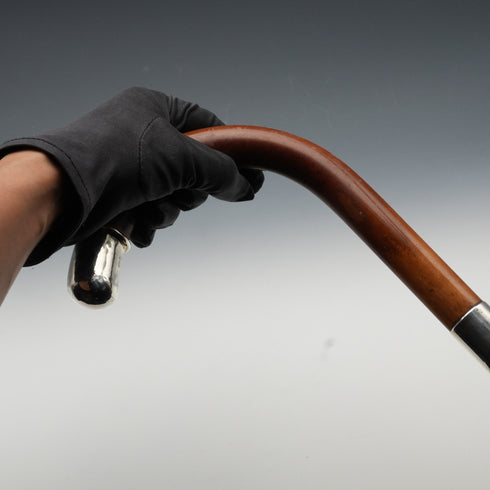 1914 British Antique Thunk Shaft Sterling Silver-Mounted Large-Curved Handle Walking Stick Cane 93 cm