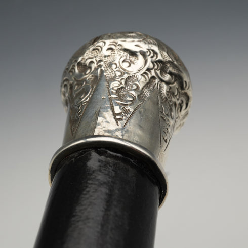 1922 British Antique Black Shaft Sterling Silver Rondelle Handle Walking Stick Cane 91cm