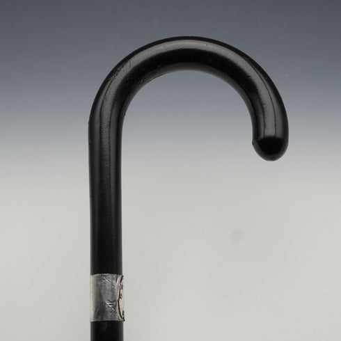 1935년 영국 빈티지 블랙 샤프트 순은 장식 대곡선 핸들 지팡이 88cm