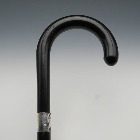 1935 British Vintage Black Shaft Sterling Silver Ornament Large Curved Handle Walking Stick Cane 88cm