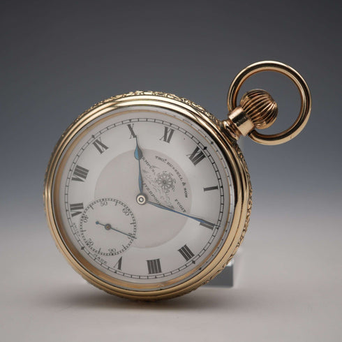 Años 1910, antigüedad británica, reloj de bolsillo Russell de tapa abierta, caja chapada en oro, en buen estado de funcionamiento