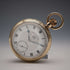 Años 1910, antigüedad británica, reloj de bolsillo Russell de tapa abierta, caja chapada en oro, en buen estado de funcionamiento