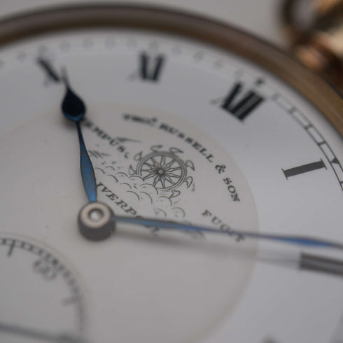Años 1910, antigüedad británica, reloj de bolsillo Russell de tapa abierta, caja chapada en oro, en buen estado de funcionamiento