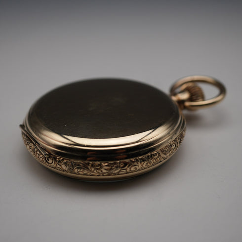 Años 1910, antigüedad británica, reloj de bolsillo Russell de tapa abierta, caja chapada en oro, en buen estado de funcionamiento