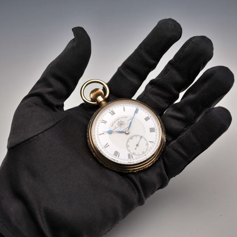 Años 1910, antigüedad británica, reloj de bolsillo Russell de tapa abierta, caja chapada en oro, en buen estado de funcionamiento