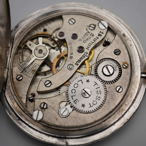 Antique TISSOT Art Deco Decorated 900 Silver Slim Hunter Case Pocket Watch, Running Well