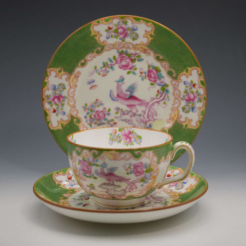 British Antique Minton Green Cockatrice Teacup Trio