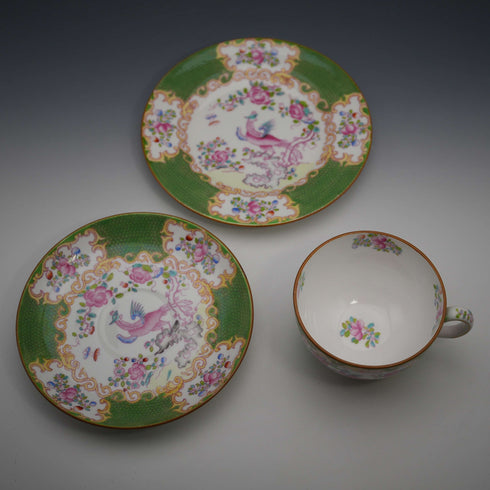 British Antique Minton Green Cockatrice Teacup Trio