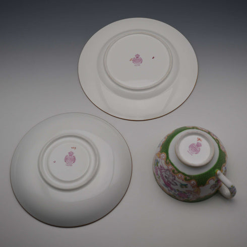 British Antique Minton Green Cockatrice Teacup Trio