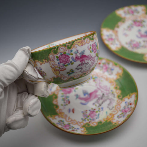 British Antique Minton Green Cockatrice Teacup Trio