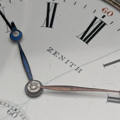 Around 1913 Antique Zenith pocket watch Art Nouveau engraving Hunter case on silver side Works well