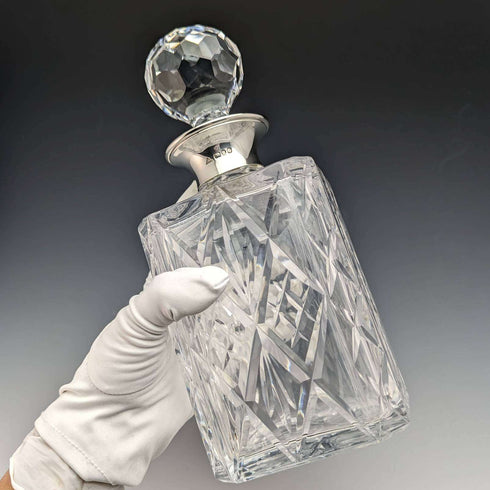 1979 British vintage cut glass square decanter with pure silver decoration JA Campbell