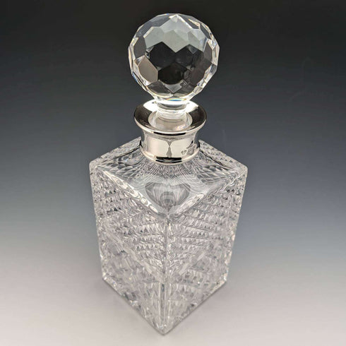 1982 British vintage cut glass square decanter with pure silver decoration CJ Vander