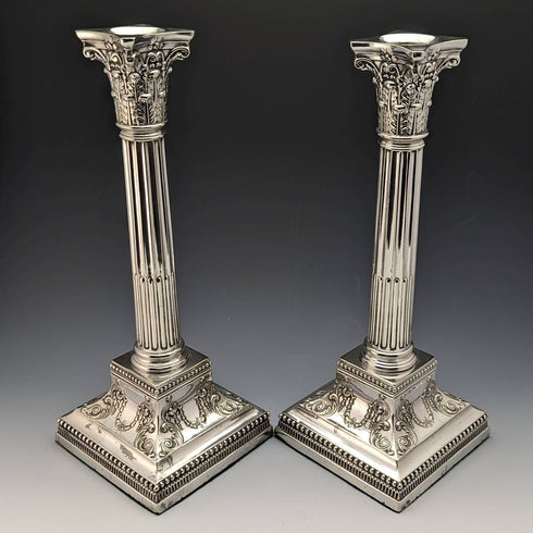 British antique silver plate large candlestick pair candle stand
