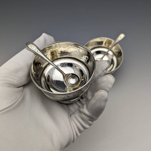 1870年 英国アンティーク 純銀 ソルトディッシュ&スプーン ペア 80g Martin and Hall