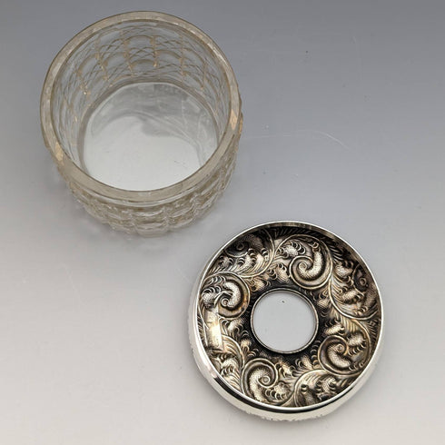 1910 British antique pure silver lid cut glass jar JH Worrall and Son