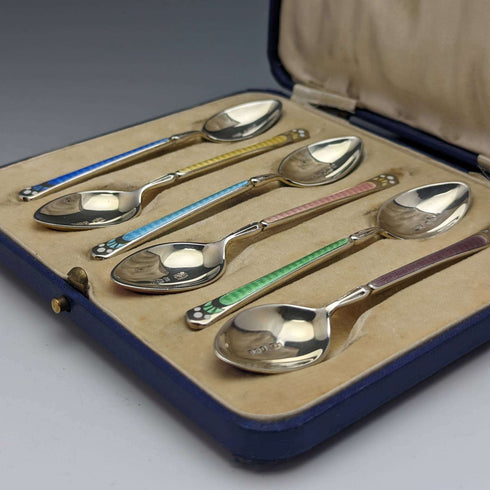 1929년 영국 빈티지 순은 티스푼 6본 세트 (케이스 포함) - Mappin and Webb