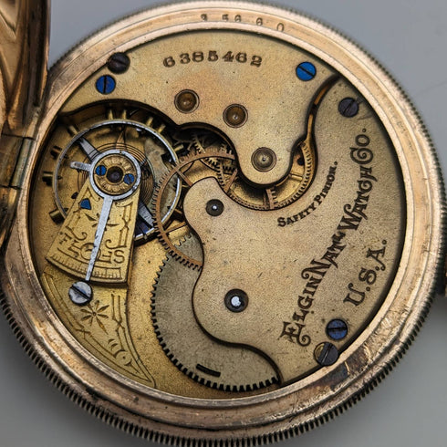 1896 American antique Elgin pocket watch gold plated hunter case works well