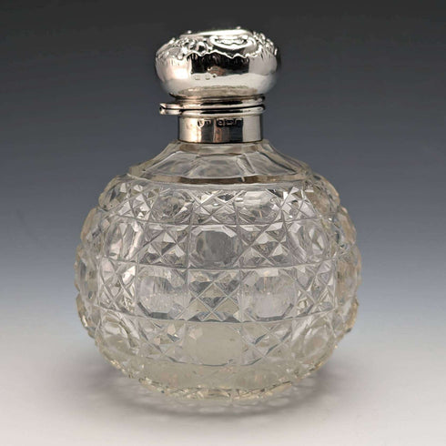 1908 British Antique Cut Glass Perfume Bottle Sterling Silver Lid Levi & Salaman
