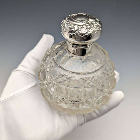 1908 British Antique Cut Glass Perfume Bottle Sterling Silver Lid Levi & Salaman