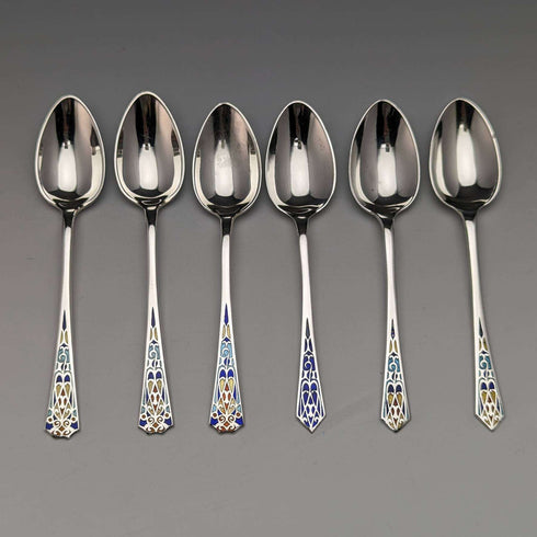 Juego de 6 cucharillas de té de plata de ley con decoración de esmalte, vintage británico de los años 30