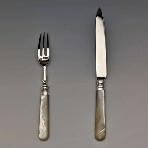 Juego de cubiertos de postre de nácar, antigüedades británicas de 1909, en estuche, Josiah Williams