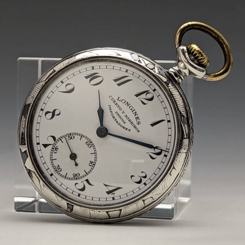 1921 年左右古董浪琴懷錶 Niello 裝飾銀色側殼 效果很好