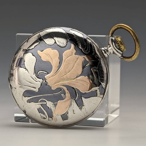 1921 年左右古董浪琴懷錶 Niello 裝飾銀色側殼 效果很好