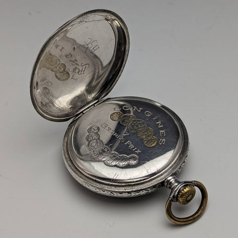 1921 年左右古董浪琴懷錶 Niello 裝飾銀色側殼 效果很好