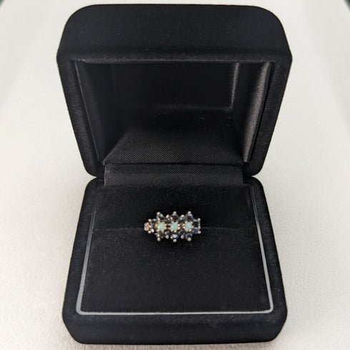 British vintage jewelry dark blue stone & opal 3-row flower silver ring (size 8-9)
