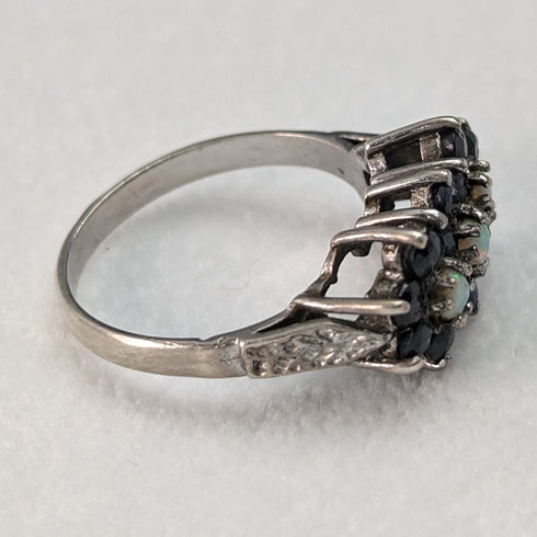 British vintage jewelry dark blue stone & opal 3-row flower silver ring (size 8-9)