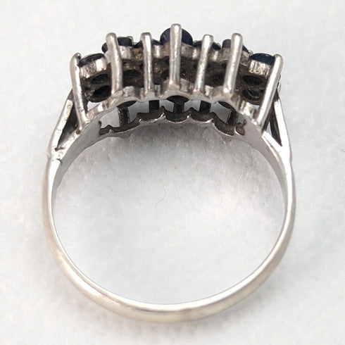British vintage jewelry dark blue stone & opal 3-row flower silver ring (size 8-9)