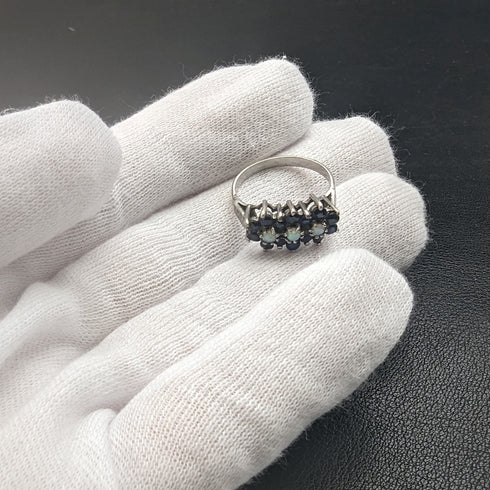 British vintage jewelry dark blue stone & opal 3-row flower silver ring (size 8-9)