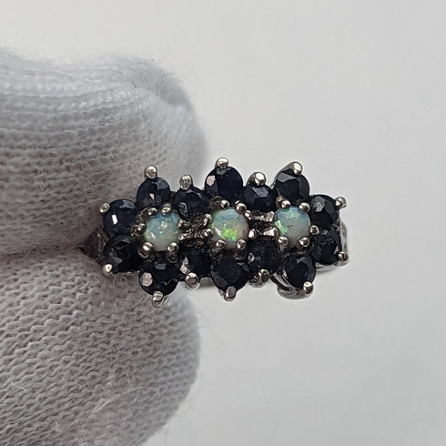 British vintage jewelry dark blue stone & opal 3-row flower silver ring (size 8-9)