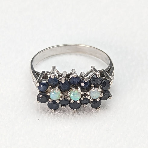 British vintage jewelry dark blue stone & opal 3-row flower silver ring (size 8-9)