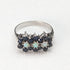 British vintage jewelry dark blue stone & opal 3-row flower silver ring (size 8-9)