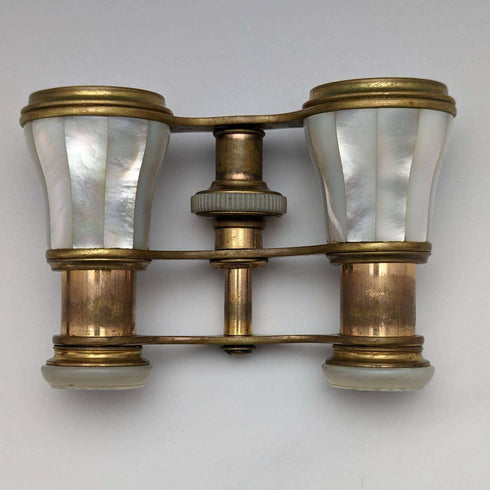 French antique mother-of-pearl decorated opera glasses binoculars with case Verne