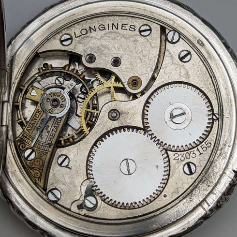 1909年頃 アンティーク ロンジン 懐中時計 浮彫彫刻 銀側ハンターケース 動作良好