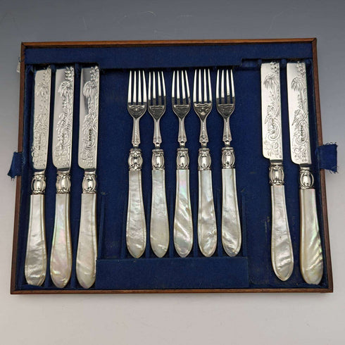 1880 年左右英國古董白色珍珠貝柄純銀刀片餐具 5 對 Martin Hall
