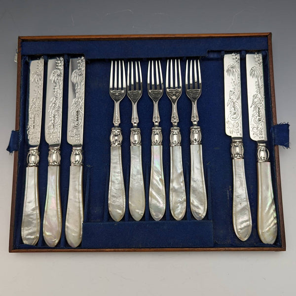 1880 年左右英國古董白色珍珠貝柄純銀刀片餐具 5 對 Martin Hall