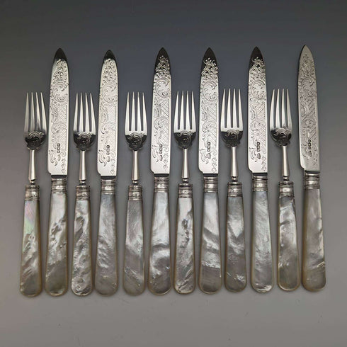 1897 年英國古董白色珍珠貝柄純銀刀片餐具 6 對盒裝 J Barraclough