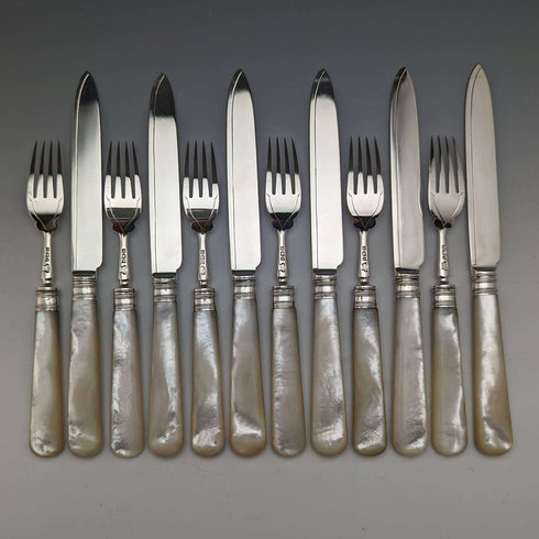 1897 年英國古董白色珍珠貝柄純銀刀片餐具 6 對盒裝 J Barraclough