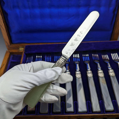 1900 年左右英國復古天然石柄餐具 12 對套裝盒裝卡文迪什