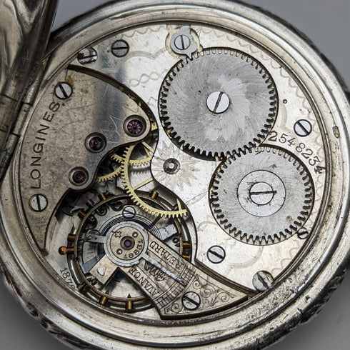 1911年頃 アンティーク ロンジン 懐中時計 彫刻銀側オープンフェース 動作良好