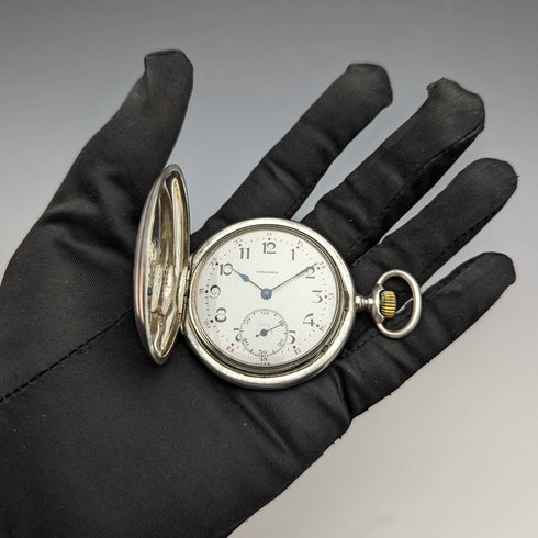 Around 1928 Antique Longines pocket watch Engraved silver side hunter case Works well