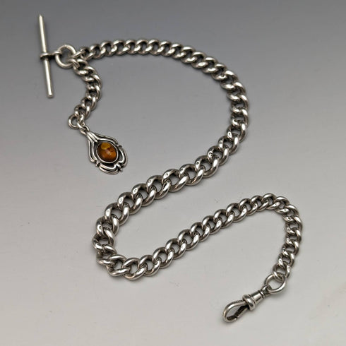 Alrededor de 1900, cadena Albert de plata esterlina antigua británica, extra gruesa de 65 g, con dije de ámbar