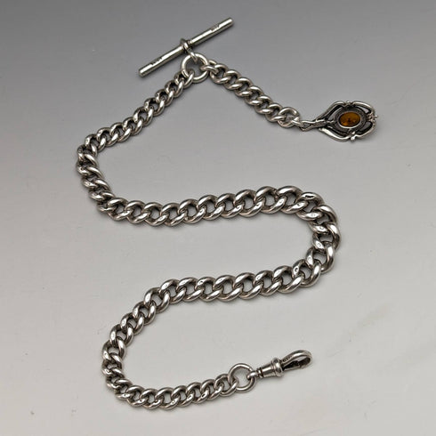Alrededor de 1900, cadena Albert de plata esterlina antigua británica, extra gruesa de 65 g, con dije de ámbar