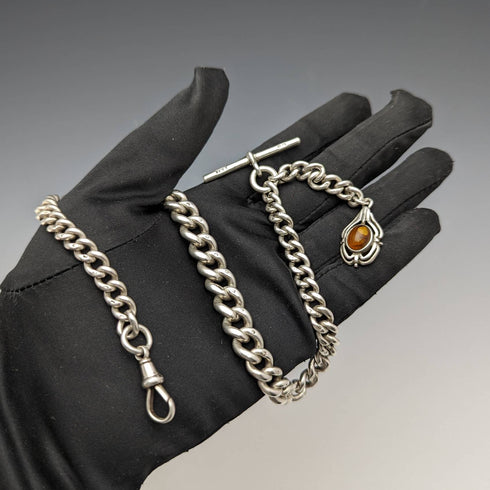 Alrededor de 1900, cadena Albert de plata esterlina antigua británica, extra gruesa de 65 g, con dije de ámbar