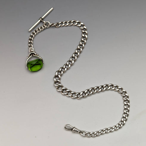 1920 年左右英國古董純銀阿爾伯特鏈 46 克綠石旋轉鑰匙扣